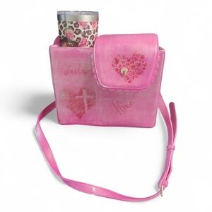KATE GABRIELLE Hand Painted Pink Crossbody Bag Cup Holder Valentines Day OOAK